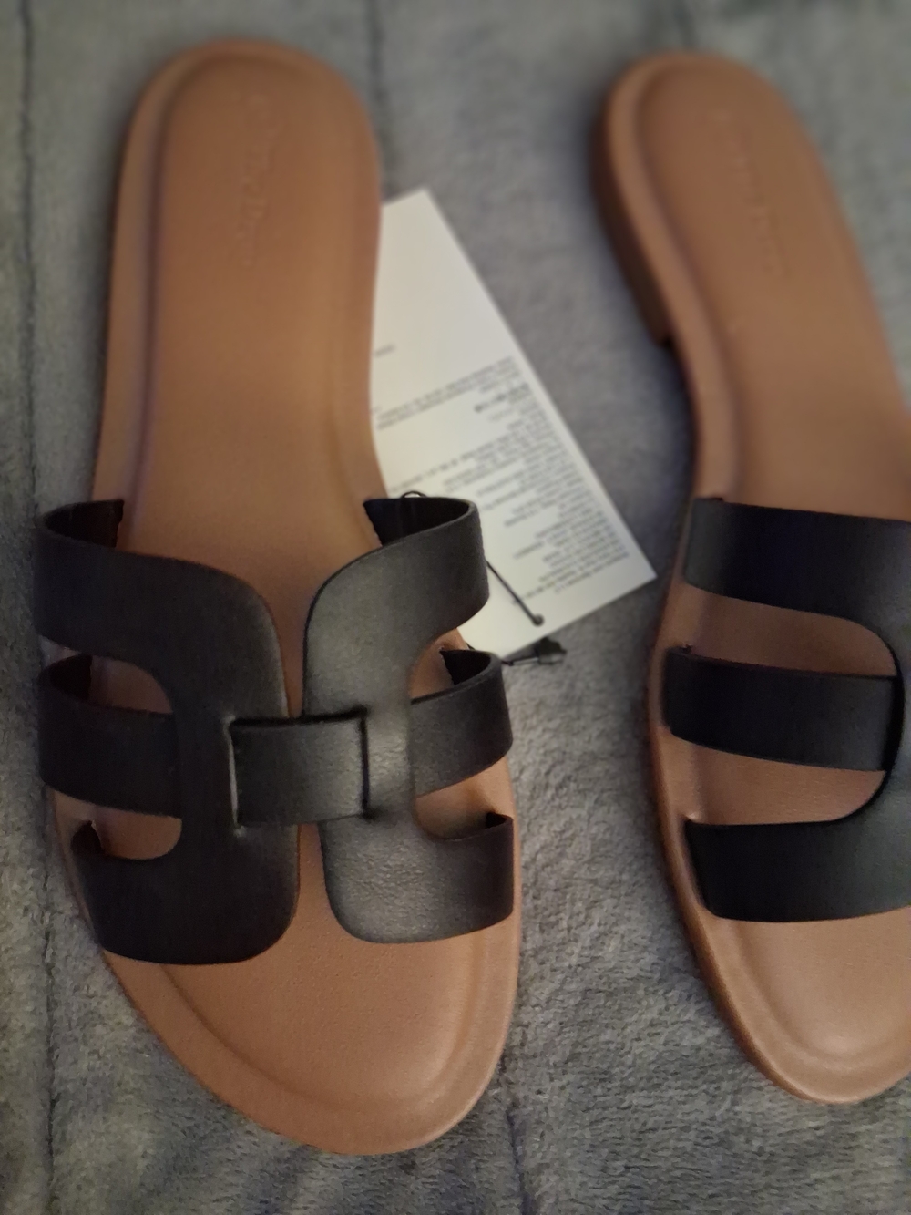 Women's Black Slide Sandals - Comfortable Tan Footbed